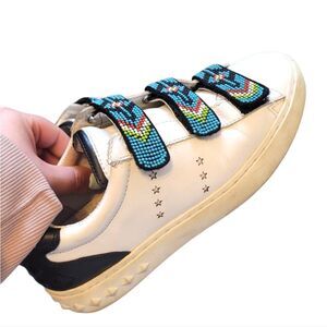 Ash White and Black Sneakers with Blue Accents